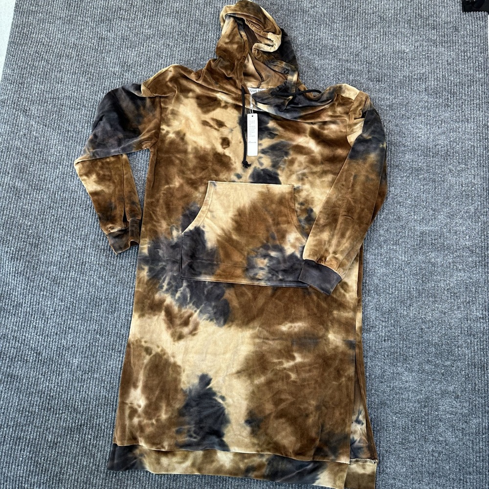 Liumilac Women Tie Dye Velour Hoodie Dress Medium Brown Black Soft Tunic
